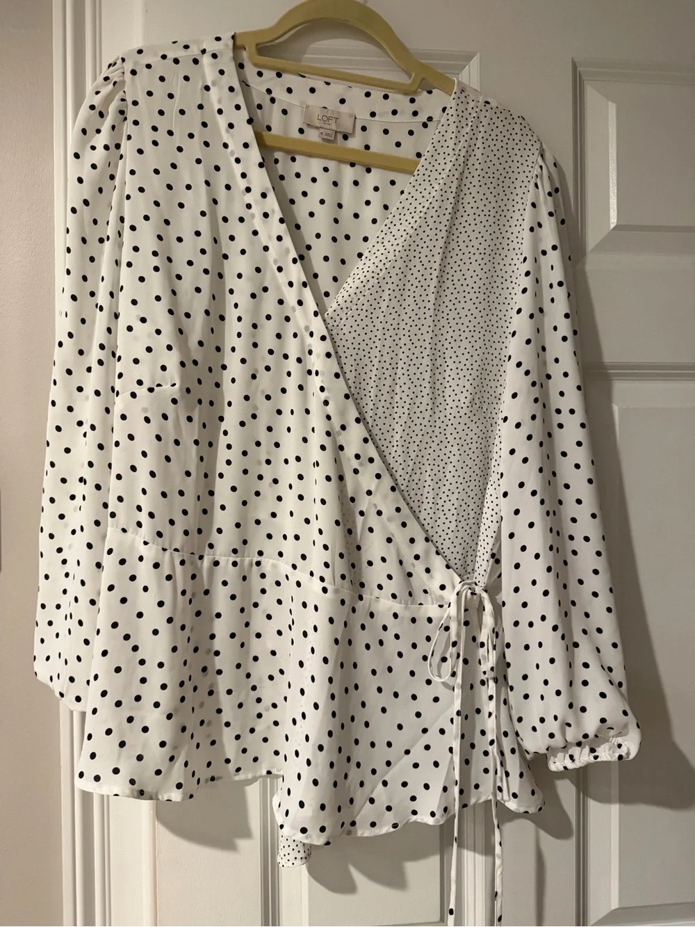 LOFT White Wrap Blouse with Black Polka Dots